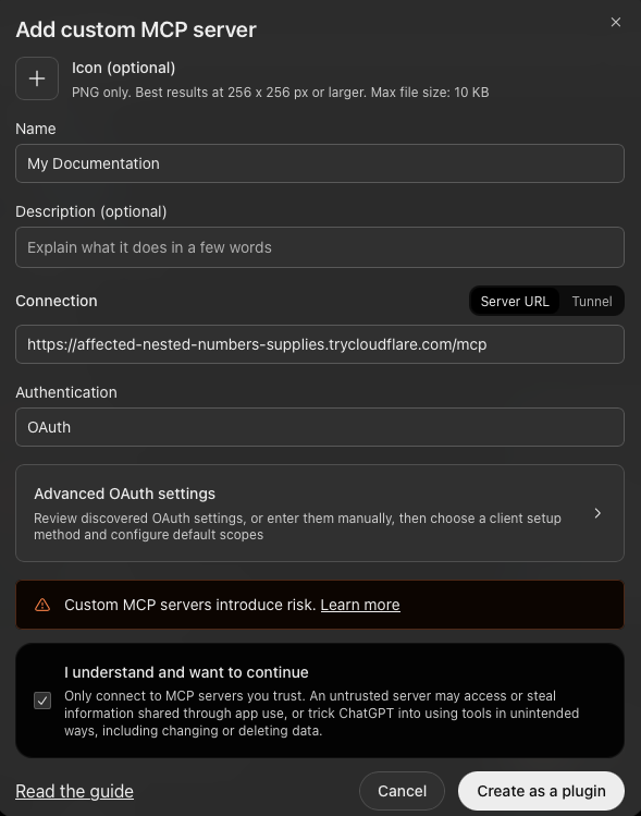 ChatGPT: Add custom MCP server dialog