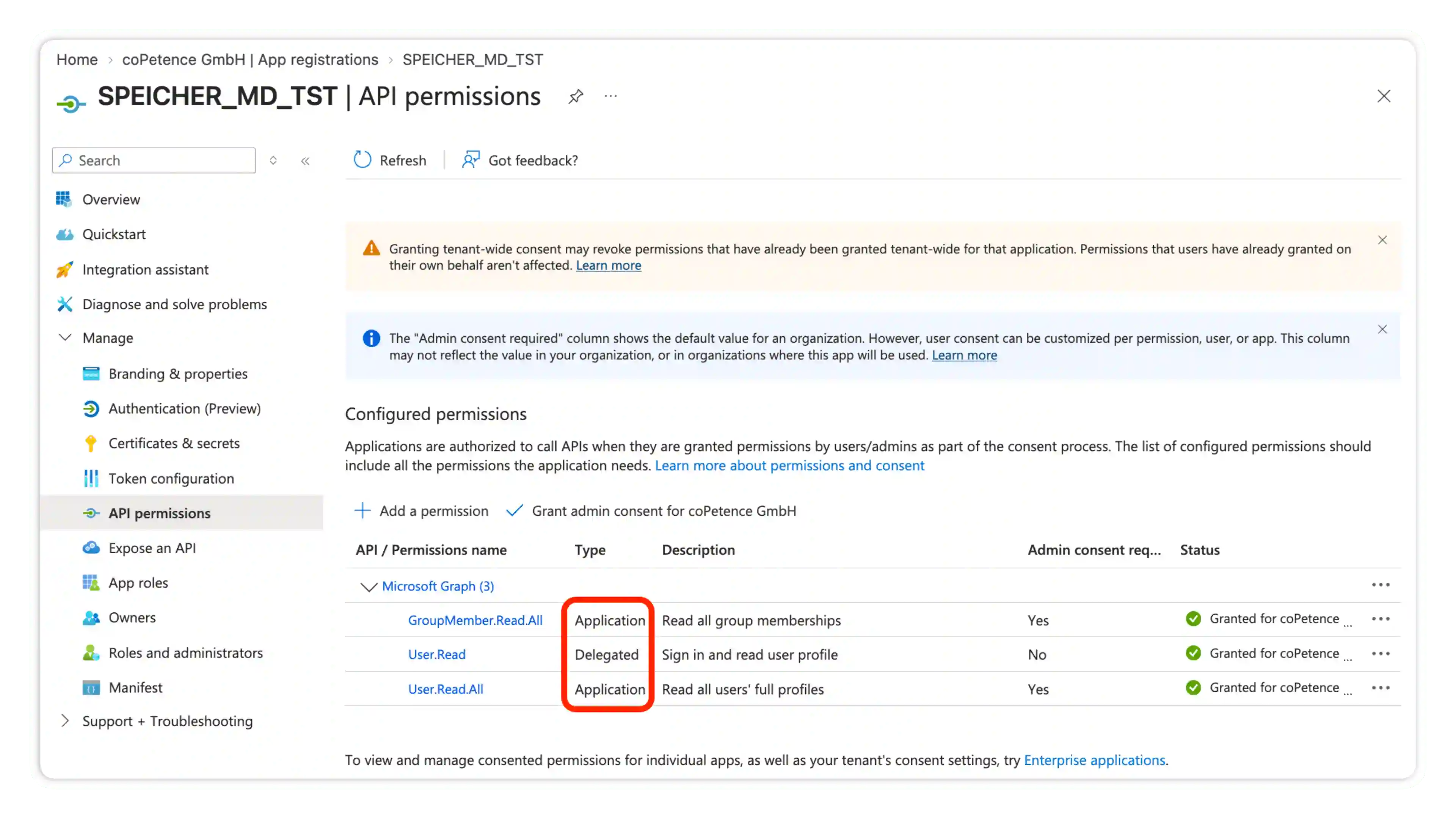 Screenshot: Entra ID Directory API Permissions