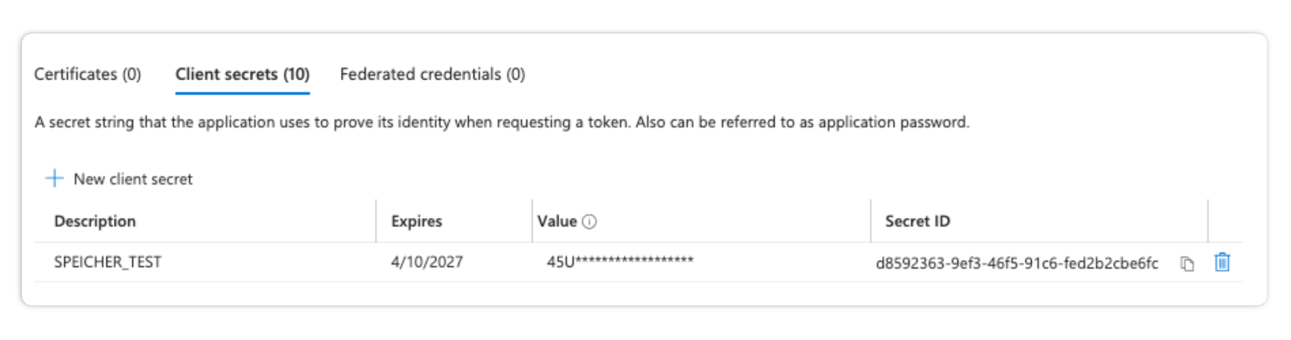 Screenshot: Client Secret Entra ID