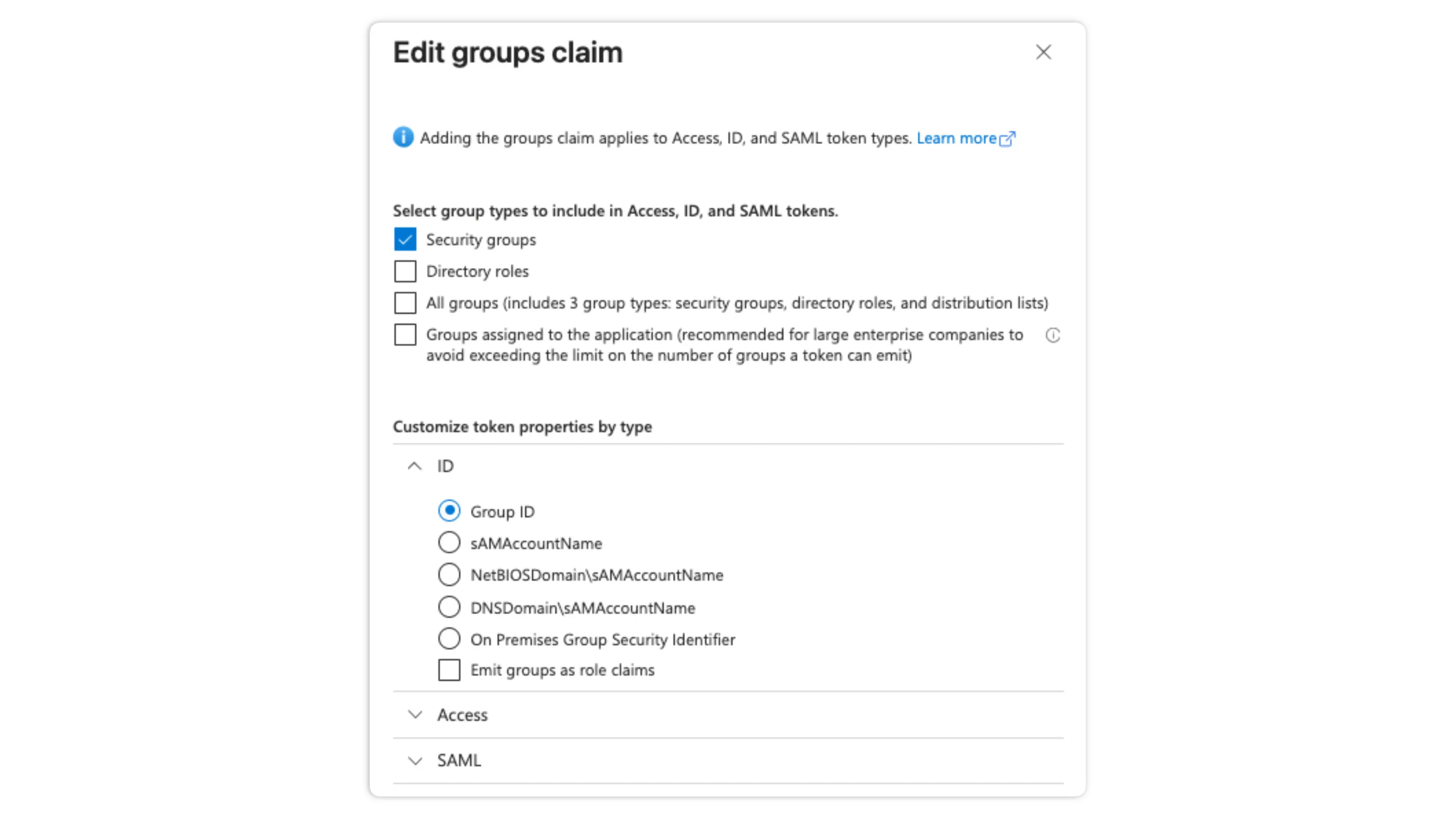 Screenshot: Add Groups claim to Entra ID Token