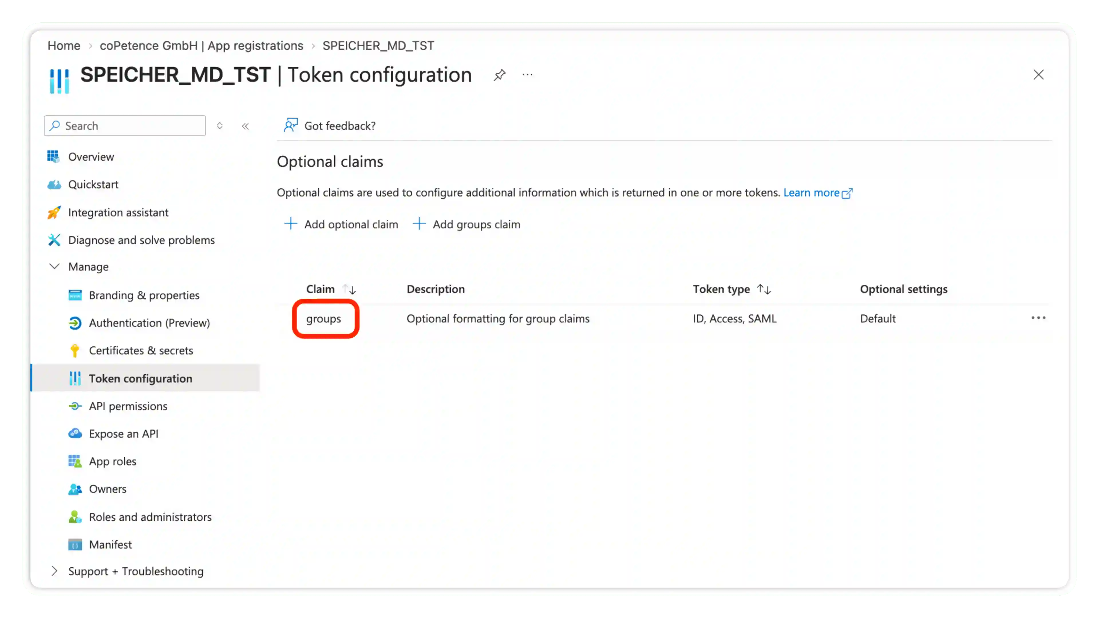 Screenshot: Entra ID Token Configuration