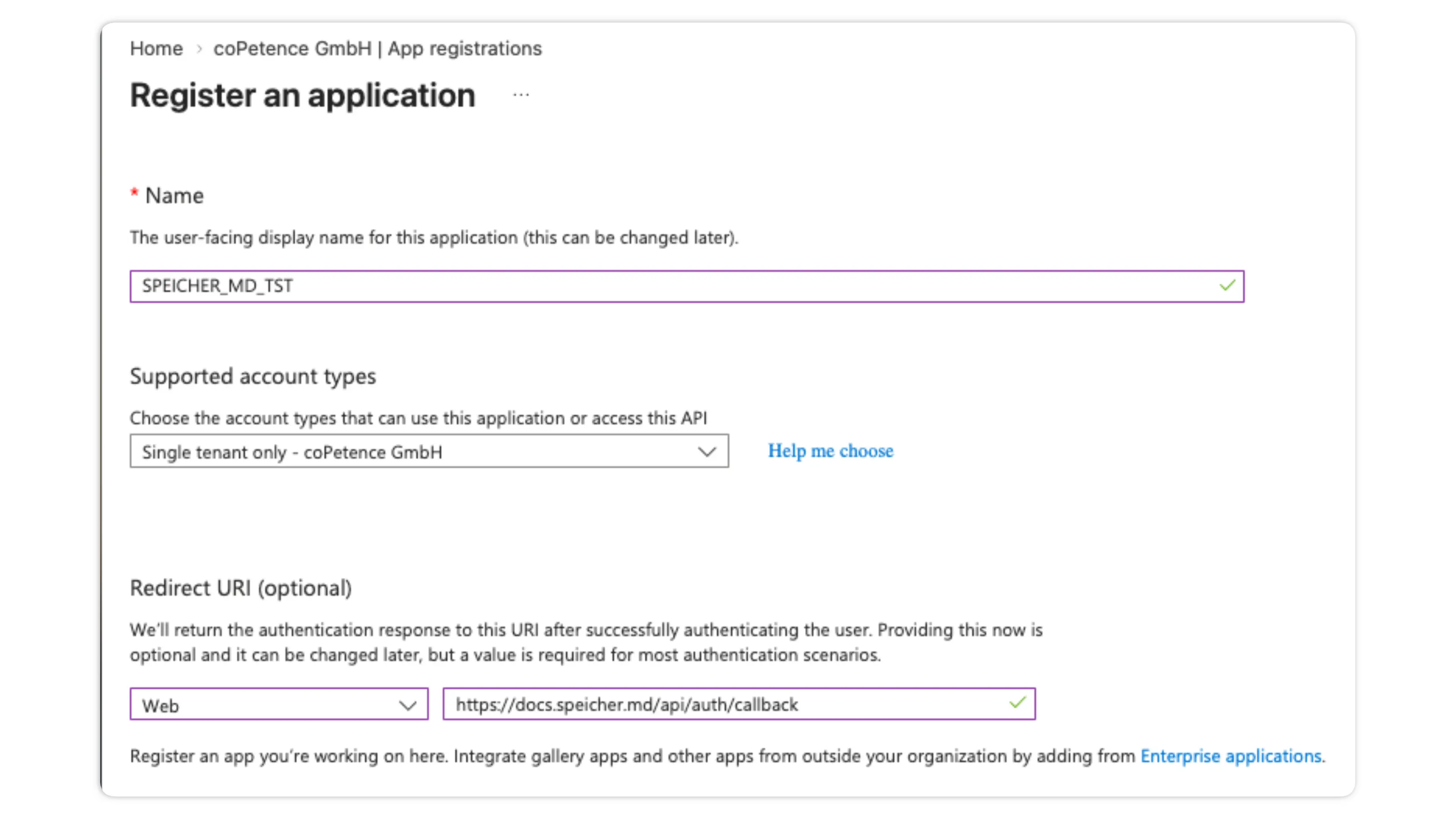 Screenshot: Register Entra ID Application