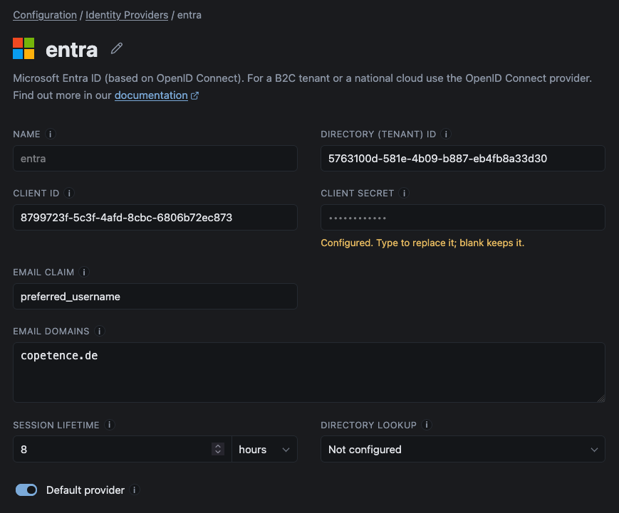 Screenshot: Speicher Entra ID Config