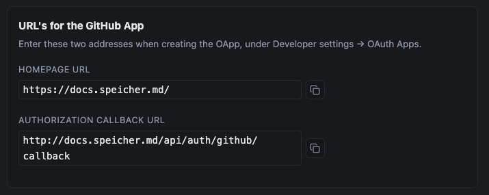Screenshot: Copy URL's for the GitHub App