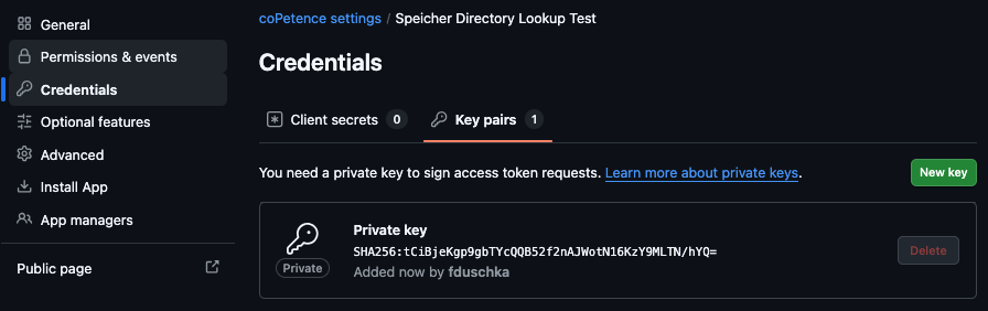 Screenshot: GitHub Directory Client App Private Key