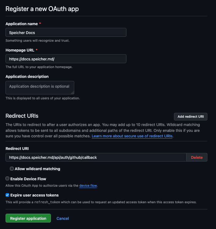Screenshot: GitHub OAuth app registration form